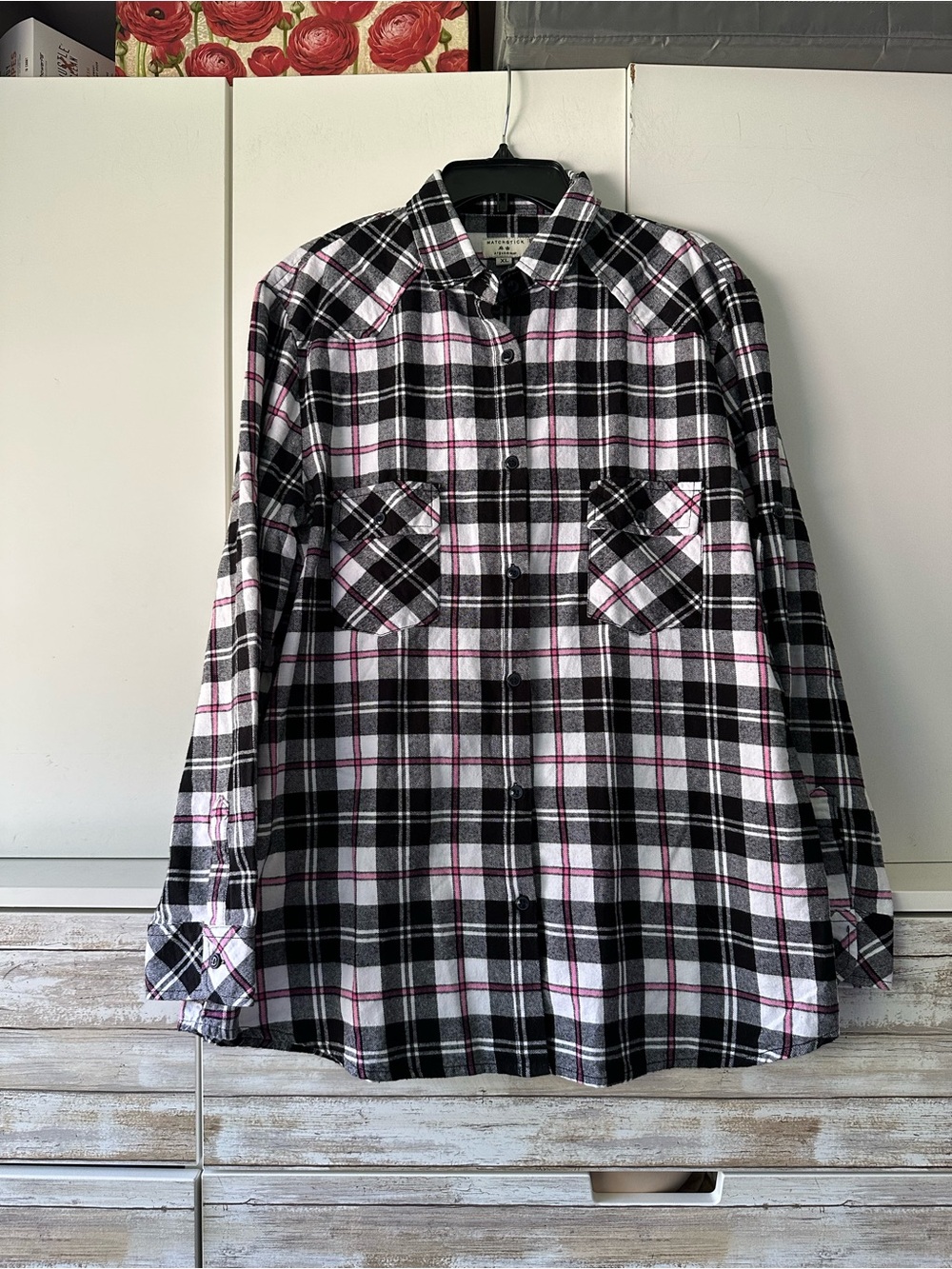 🩷 Matchstick Plaid Flannel Shirt XL Black White Pink Side Tab Cotton